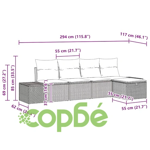 Градински комплект мебели 5 части с възглавници кафяв полиратан 239x117x85 см ➤ топ цена ➤ sorbe.bg