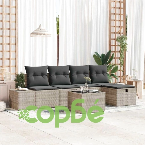 Градински комплект мебели 6 части светлосиво полиратан с възглавници ➤ топ цена ➤ sorbe.bg