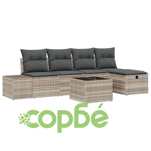 Градински комплект мебели 6 части светлосиво полиратан с възглавници ➤ топ цена ➤ sorbe.bg