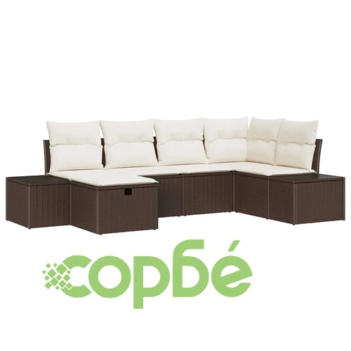 Градински комплект мебели 6 части с възглавници кафяв полиратан 264x154x85 см ➤ топ цена ➤ sorbe.bg