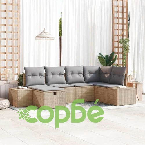Градински комплект мебели 6 части с възглавници бежов полиратан 264x154 см ➤ топ цена ➤ sorbe.bg