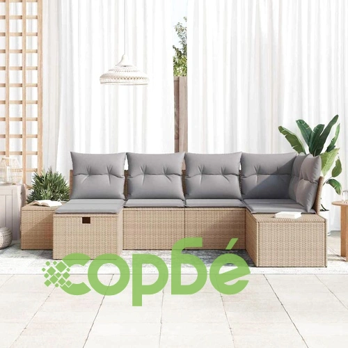 Градински комплект мебели 6 части с възглавници бежов полиратан 264x154 см ➤ топ цена ➤ sorbe.bg