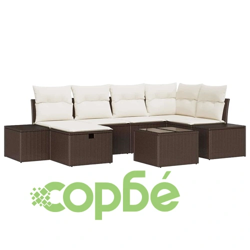 7-частен градински диван комплект с възглавници кафяв полиратан ➤ топ цена ➤ sorbe.bg