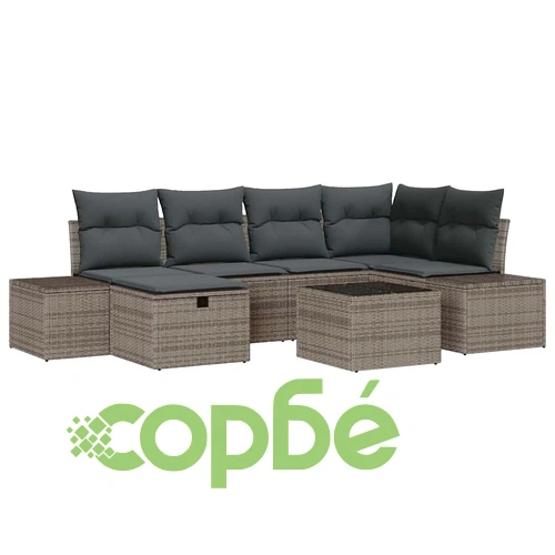 Градински комплект мебели 7 части с възглавници сив полиратан ➤ топ цена ➤ sorbe.bg