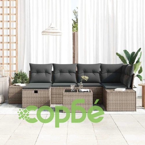 Градински комплект мебели 7 части с възглавници сив полиратан ➤ топ цена ➤ sorbe.bg