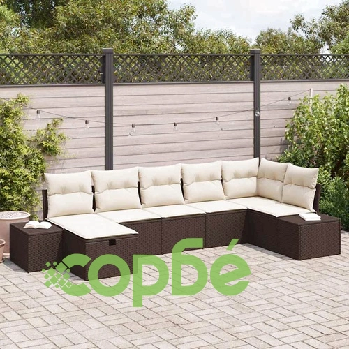 Градински комплект мебели полиратан 7 части с възглавници кафяв 319x154x85 см ➤ топ цена ➤ sorbe.bg