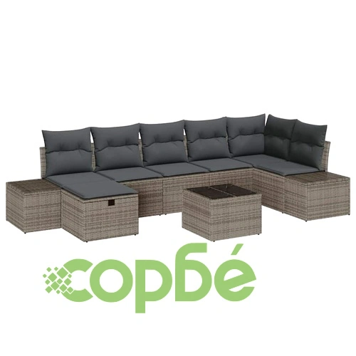 Градински комплект диван 8 части с възглавници сив полиратан ➤ топ цена ➤ sorbe.bg