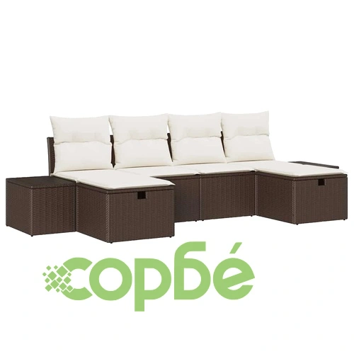 Градински диван комплект 6 части с възглавници кафяв полиратан 294x117x85 см ➤ топ цена ➤ sorbe.bg