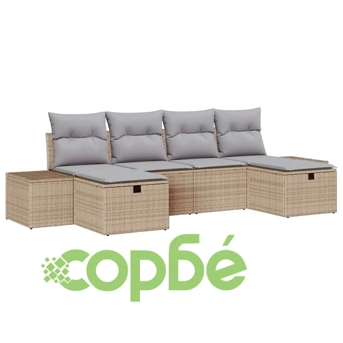 Градински комплект диван 6 части с възглавници бежов полиратан 294x117x85 см ➤ топ цена ➤ sorbe.bg