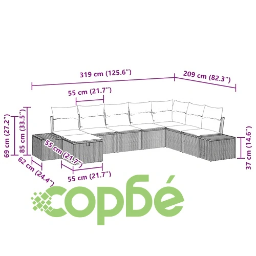 Градински диван комплект 8 части с възглавници полиратан бежов 319x209x85 см ➤ топ цена ➤ sorbe.bg