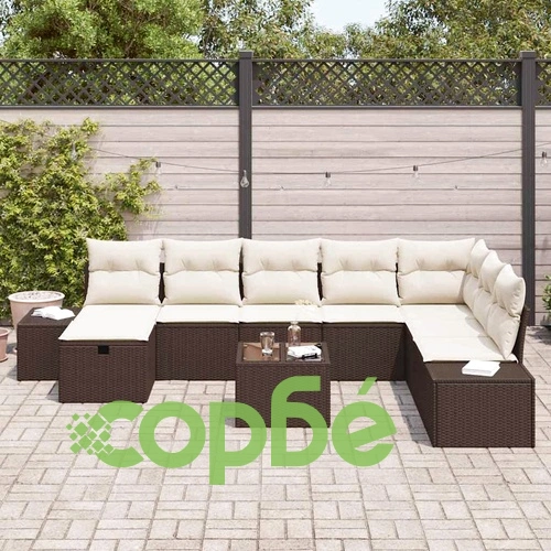 Градински комплект мебели 9 части с възглавници кафяв полиратан ➤ топ цена ➤ sorbe.bg