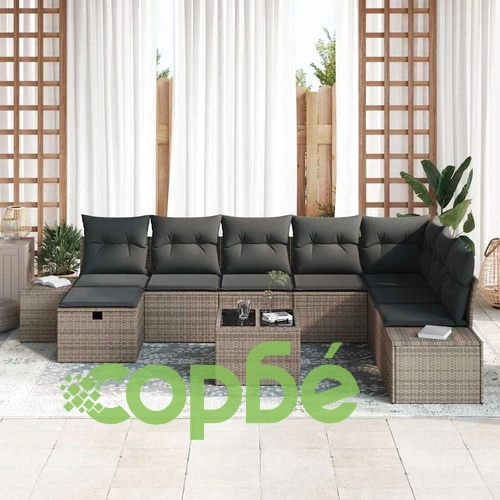 Градински комплект мебели 9 части с възглавници сив полиратан ➤ топ цена ➤ sorbe.bg