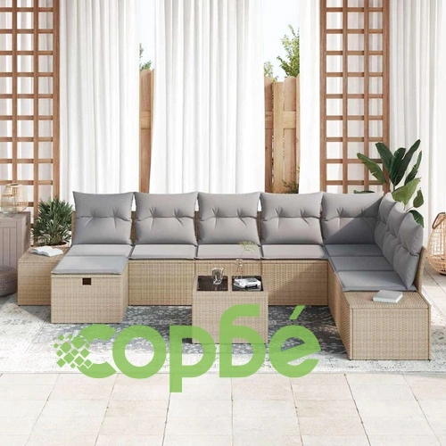 9-части градински диван комплект с възглавници бежов полиратан ➤ топ цена ➤ sorbe.bg