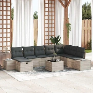 Градински диван комплект 9 части светлосив полиратан с възглавници