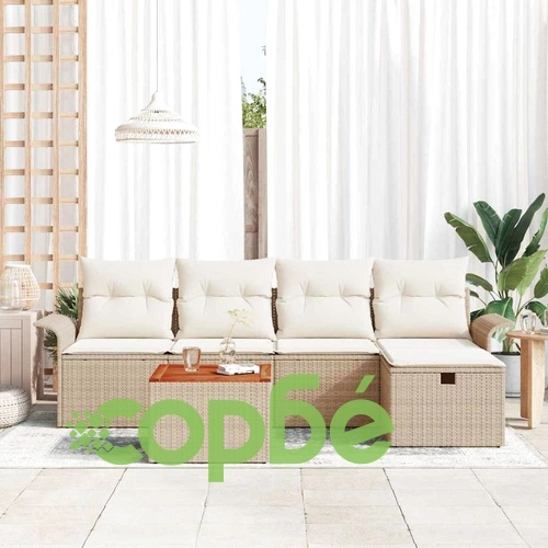 Градински комплект мебели 6 части с възглавници бежов полиратан ➤ топ цена ➤ sorbe.bg