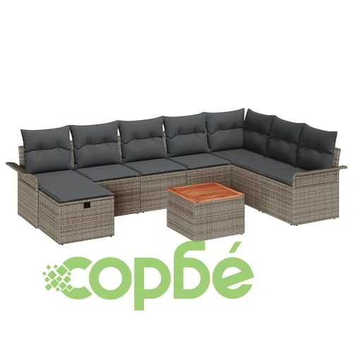 Градински комплект мебели от полиратан 9 части с възглавници сив ➤ топ цена ➤ sorbe.bg