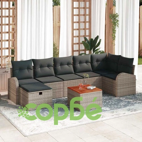 Градински диван комплект 8 части с възглавници сив полиратан ➤ топ цена ➤ sorbe.bg