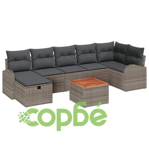 Градински диван комплект 8 части с възглавници сив полиратан ➤ топ цена ➤ sorbe.bg