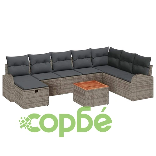 Градински комплект мебели 9 части с възглавници сив полиратан 55x55x37 см ➤ топ цена ➤ sorbe.bg