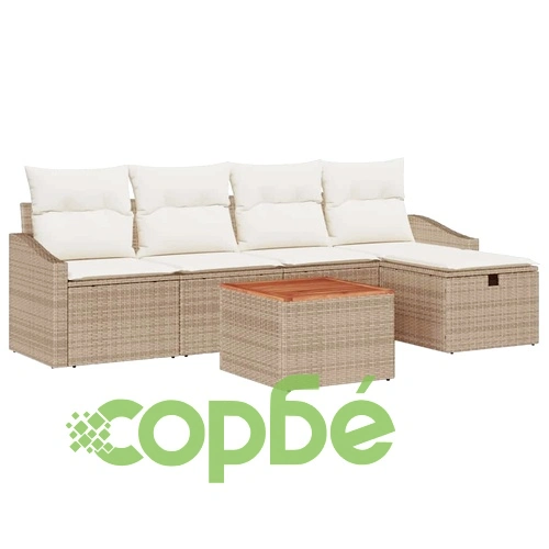 6-частен градински диван комплект с възглавници бежов полиратан ➤ топ цена ➤ sorbe.bg