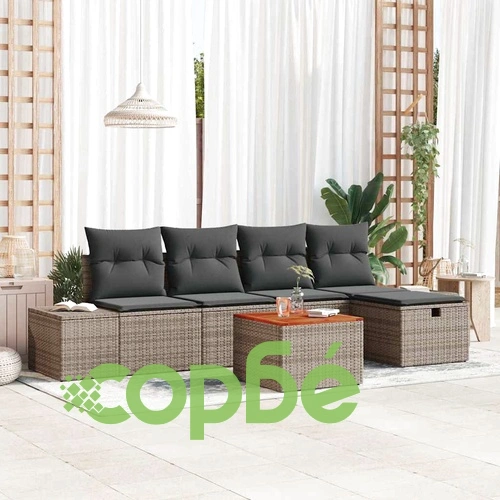 Градински комплект мебели 6 части с възглавници сив полиратан 55x55x37 см ➤ топ цена ➤ sorbe.bg