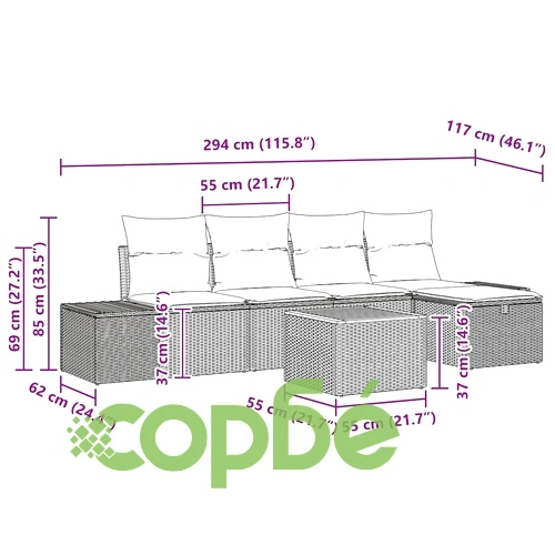 Градински комплект мебели 6 части с възглавници сив полиратан 55x55x37 см ➤ топ цена ➤ sorbe.bg