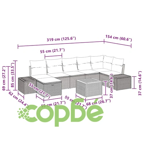 Градински комплект от 8 части с възглавници сив полиратан 55x55x37 см ➤ топ цена ➤ sorbe.bg