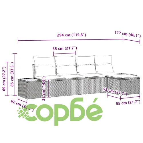 Градински комплект мебели 5 части с възглавници бежов полиратан 294x117x85 см ➤ топ цена ➤ sorbe.bg
