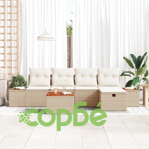 Градински комплект мебели 6 части с възглавници бежов полиратан ➤ топ цена ➤ sorbe.bg