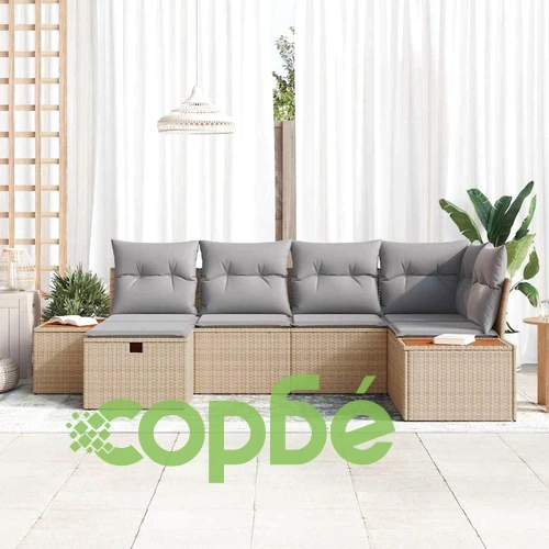 Градински диван комплект 6 части с възглавници бежов полиратан 264x154x85 см ➤ топ цена ➤ sorbe.bg