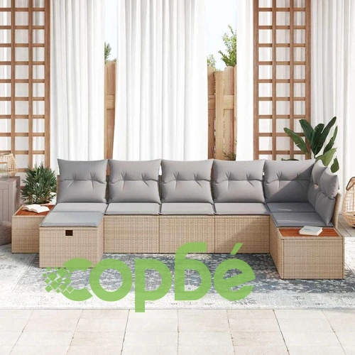 Градински комплект мебели 7 части с възглавници бежов полиратан 319x154 см ➤ топ цена ➤ sorbe.bg