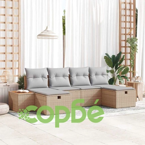 Градински комплект мебели 6 части с възглавници бежов полиратан 294x117x85 см ➤ топ цена ➤ sorbe.bg
