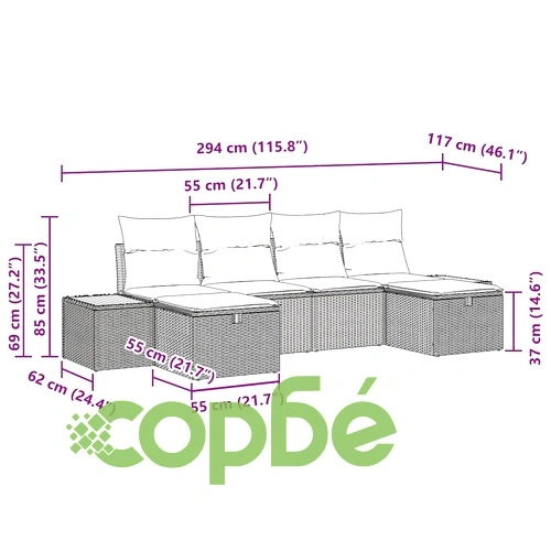 Градински комплект мебели 6 части с възглавници бежов полиратан 294x117x85 см ➤ топ цена ➤ sorbe.bg
