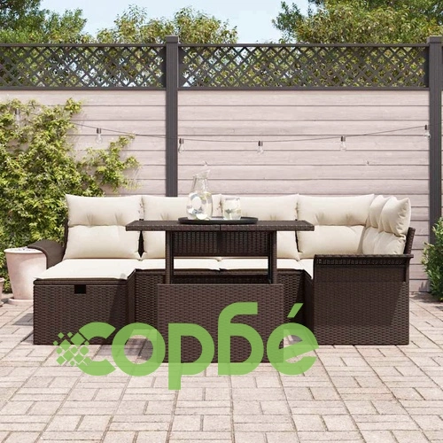 Градински комплект мебели 7 части с възглавници кафяв полиратан ➤ топ цена ➤ sorbe.bg