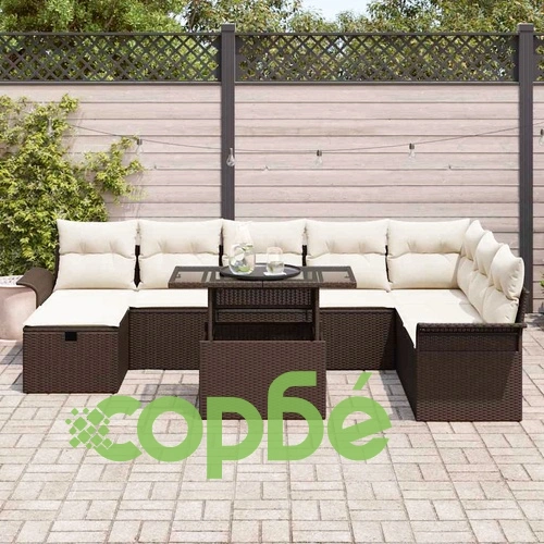 9-части градински диван комплект с възглавници кафяв полиратан за 8 души ➤ топ цена ➤ sorbe.bg