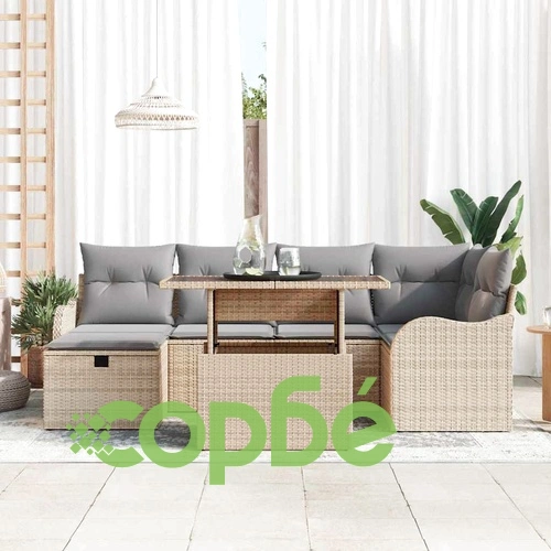 Градински комплект мебели 7 части с възглавници бежов полиратан 100x55x73 см ➤ топ цена ➤ sorbe.bg