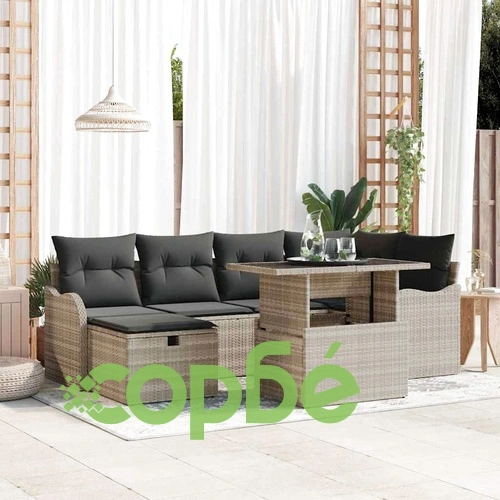 Градински комплект мебели 7 части светлосиво полиратан с възглавници ➤ топ цена ➤ sorbe.bg