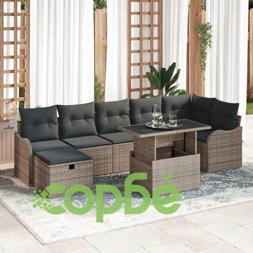Градински комплект мебели 8 части с възглавници сив полиратан ➤ топ цена ➤ sorbe.bg