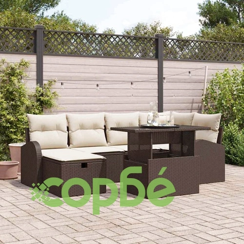 Градински Софа Комплект 7 части с възглавници Кафяв Полиратан ➤ топ цена ➤ sorbe.bg