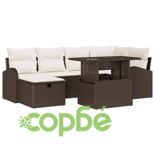 Градински Софа Комплект 7 части с възглавници Кафяв Полиратан ➤ топ цена ➤ sorbe.bg