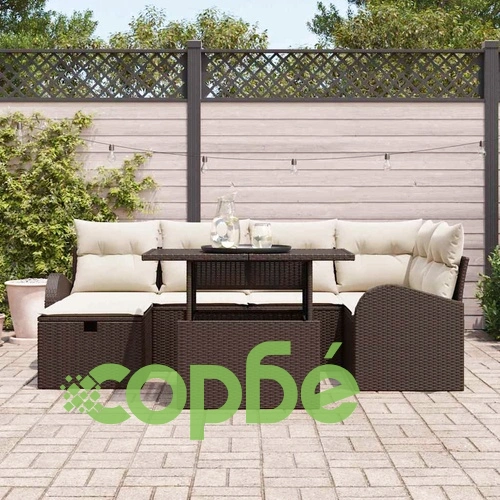 Градински Софа Комплект 7 части с възглавници Кафяв Полиратан ➤ топ цена ➤ sorbe.bg