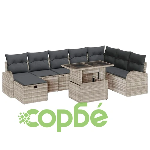 Градински диван комплект 9 части светлосив полиратан с възглавници ➤ топ цена ➤ sorbe.bg