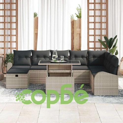Градински диван комплект 9 части светлосив полиратан с възглавници ➤ топ цена ➤ sorbe.bg
