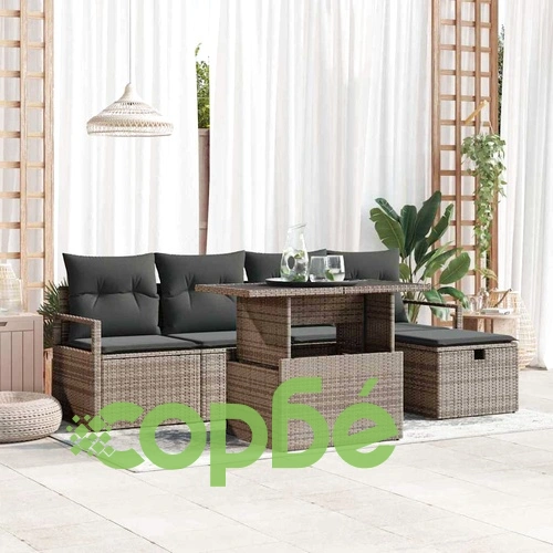 Градински комплект от 6 части с възглавници сив полиратан ➤ топ цена ➤ sorbe.bg