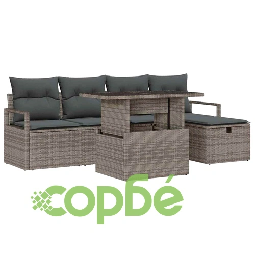 Градински комплект от 6 части с възглавници сив полиратан ➤ топ цена ➤ sorbe.bg