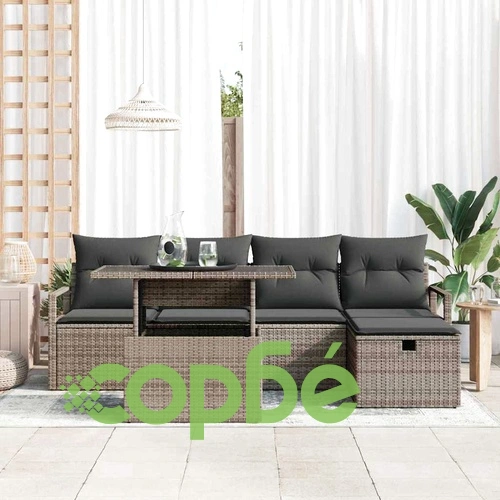 Градински комплект от 6 части с възглавници сив полиратан ➤ топ цена ➤ sorbe.bg