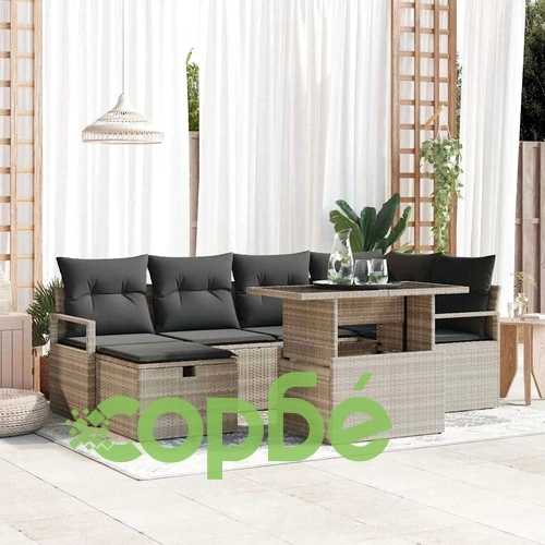 Градински комплект софа 7 части светлосиво полиратан с възглавници ➤ топ цена ➤ sorbe.bg