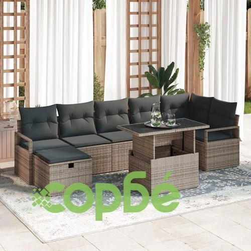 Градински комплект мебели 8 части с възглавници сив полиратан ➤ топ цена ➤ sorbe.bg