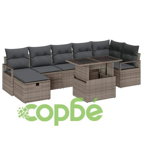 Градински комплект мебели 8 части с възглавници сив полиратан ➤ топ цена ➤ sorbe.bg