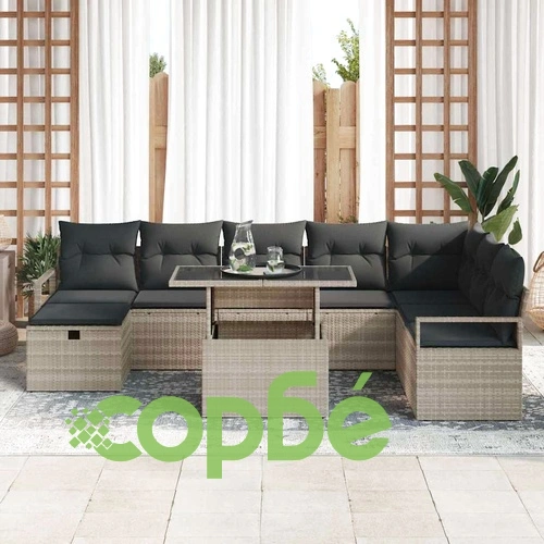 Градински комплект мебели 9 части светлосив полиратан с възглавници ➤ топ цена ➤ sorbe.bg
